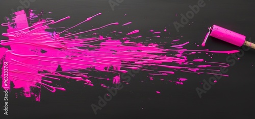 Pink paint splattered on a black background. A roller brush is lying next to the paint, leaving a trail of paint behind it. photo