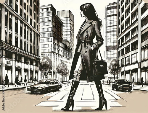  woman crossing a city street. She is wearing a trench coat and carrying a briefcase, with her hair styled long and straight. The cityscape around her features tall buildings, some with visible signag photo