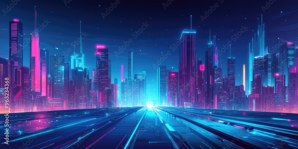 Vector illustration of a futuristic cityscape with neon lighting effects and urban architecture. Vector illustration of a futuristic cityscape with neon lighting effects and urban architecture.