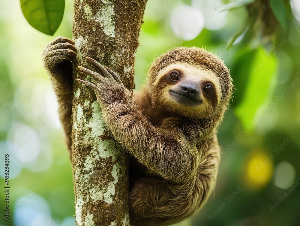 A brown sloth with a friendly expression clings to a tree trunk in a lush green rainforest. A brown sloth with a friendly expression clings to a tree trunk in a lush green rainforest.