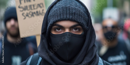 The Silent Screamer: A protestor wearing a sign, their face hidden behind a mask.