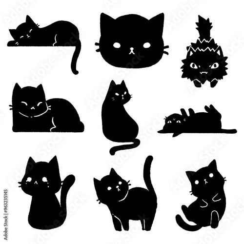 A set of drawings of little black cats in various poses.