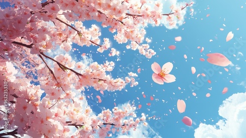 Wallpaper Mural A cherry blossom icon in delicate pink, softly falling petals with a serene blue sky background. Torontodigital.ca