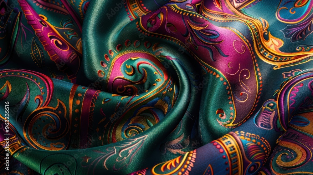 A close-up photorealistic image of a vibrant silk scarf with intricate paisley patterns in swirling hues of emerald, sapphire, and ruby A close-up photorealistic image of a vibrant silk scarf with intricate paisley patterns in swirling hues of emerald, sapphire, and ruby