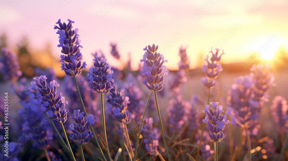 A close-up photorealistic view of lavender blossoms swaying gently in the evening breeze, their delicate petals illuminated by the golden rays of the setting sun. A close-up photorealistic view of lavender blossoms swaying gently in the evening breeze, their delicate petals illuminated by the golden rays of the setting sun.