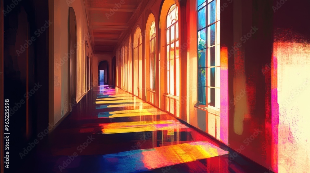 Fototapeta premium Colored light streams through windows, casting abstract shadows in a long corridor, creating an atmospheric, dreamlike effect.