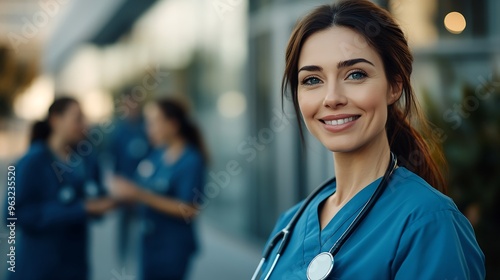 A cheerful Caucasian female nurse clad in blue medical attire with a stethoscope stands confidently outside a hospital as colleagues converse in the background : Generative AI