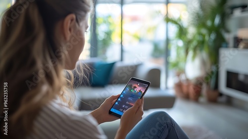 Woman managing smart devices in her home smart home controls and menu interface on the smartphone display : Generative AI photo