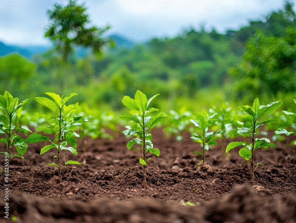 A close-up view of a row of young plants growing in fertile soil, with a blurred background of lush green foliage and a cloudy sky. A close-up view of a row of young plants growing in fertile soil, with a blurred background of lush green foliage and a cloudy sky.