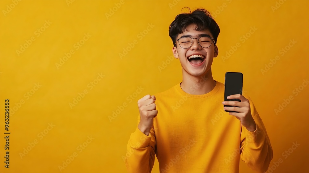 Happy young asian teen man celebrating with mobile phone isolated over yellow background : Generative AI Happy young asian teen man celebrating with mobile phone isolated over yellow background : Generative AI
