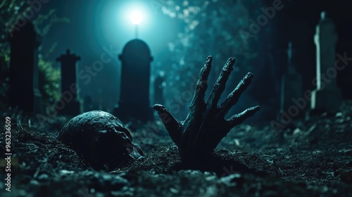 Creepy hands emerge from the ground in a dark cemetery, capturing the macabre terror of a graveyard scene photo