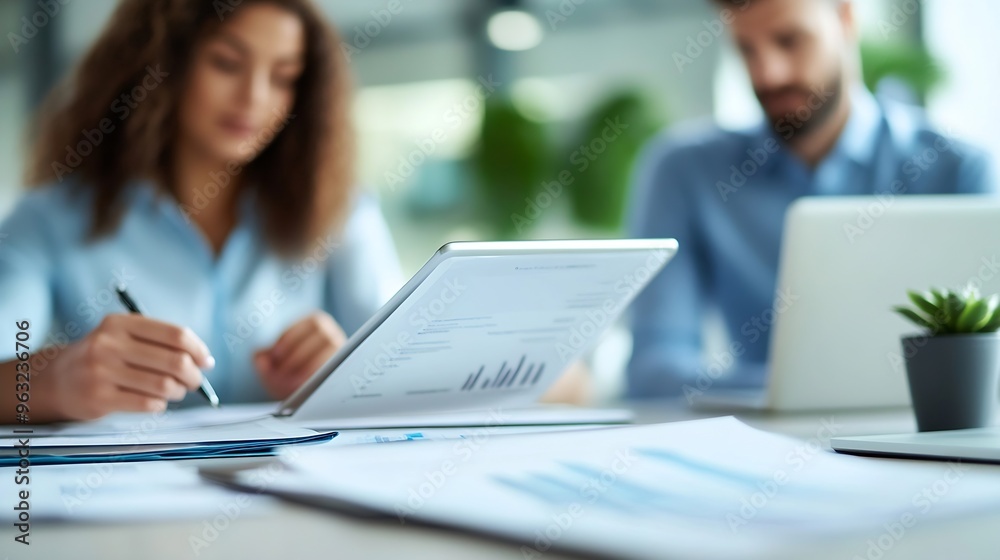 Tablet meeting and partnership with business people working in an office as a team for research Technology planning or teamwork with a man and woman employee reading information in the : Generative AI Tablet meeting and partnership with business people working in an office as a team for research Technology planning or teamwork with a man and woman employee reading information in the : Generative AI