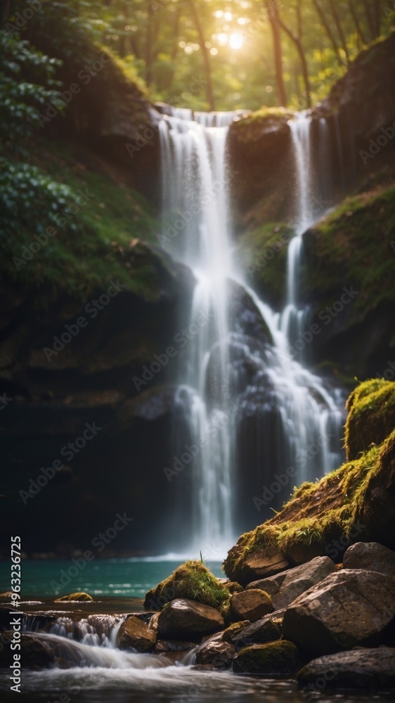 Fototapeta premium Powerful Cross Beneath Cascading Waterfall in Serene Forest Landscape.
