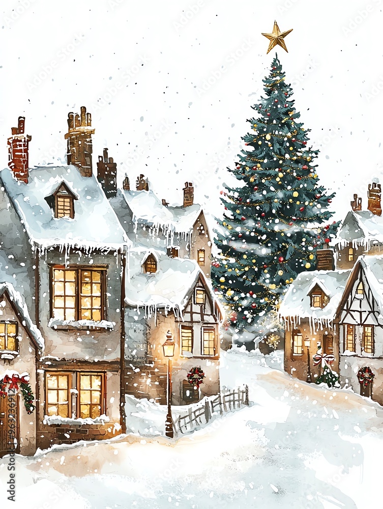 Fototapeta premium Snowy Christmas village with a large decorated Christmas tree and twinkling lights.