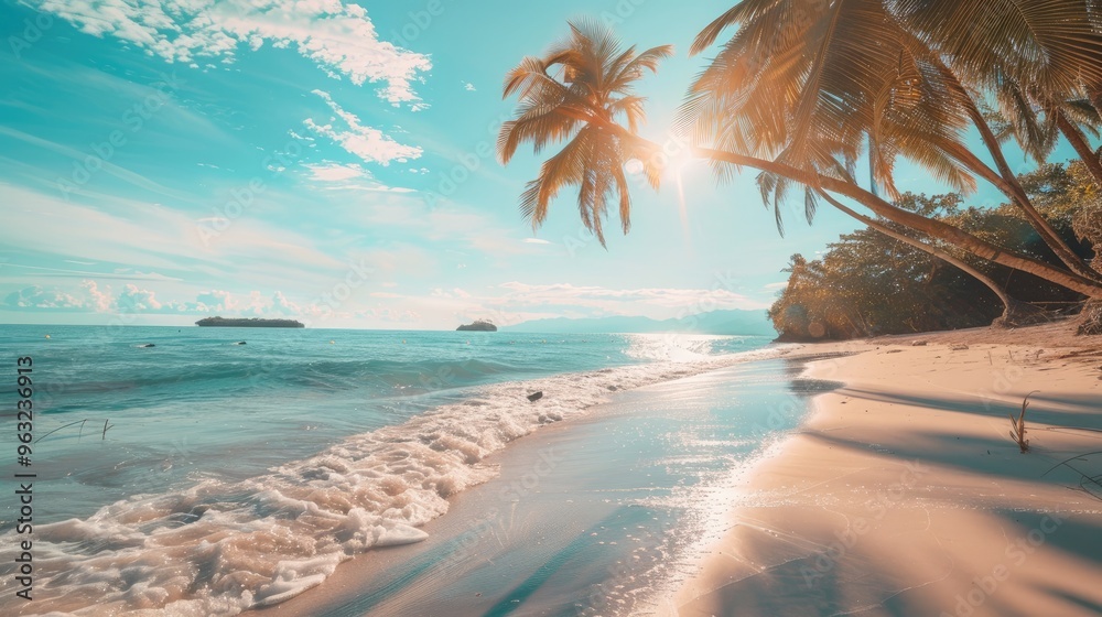 Obraz premium Tropical Beach Vacation with Blue Sea and Sun Flare