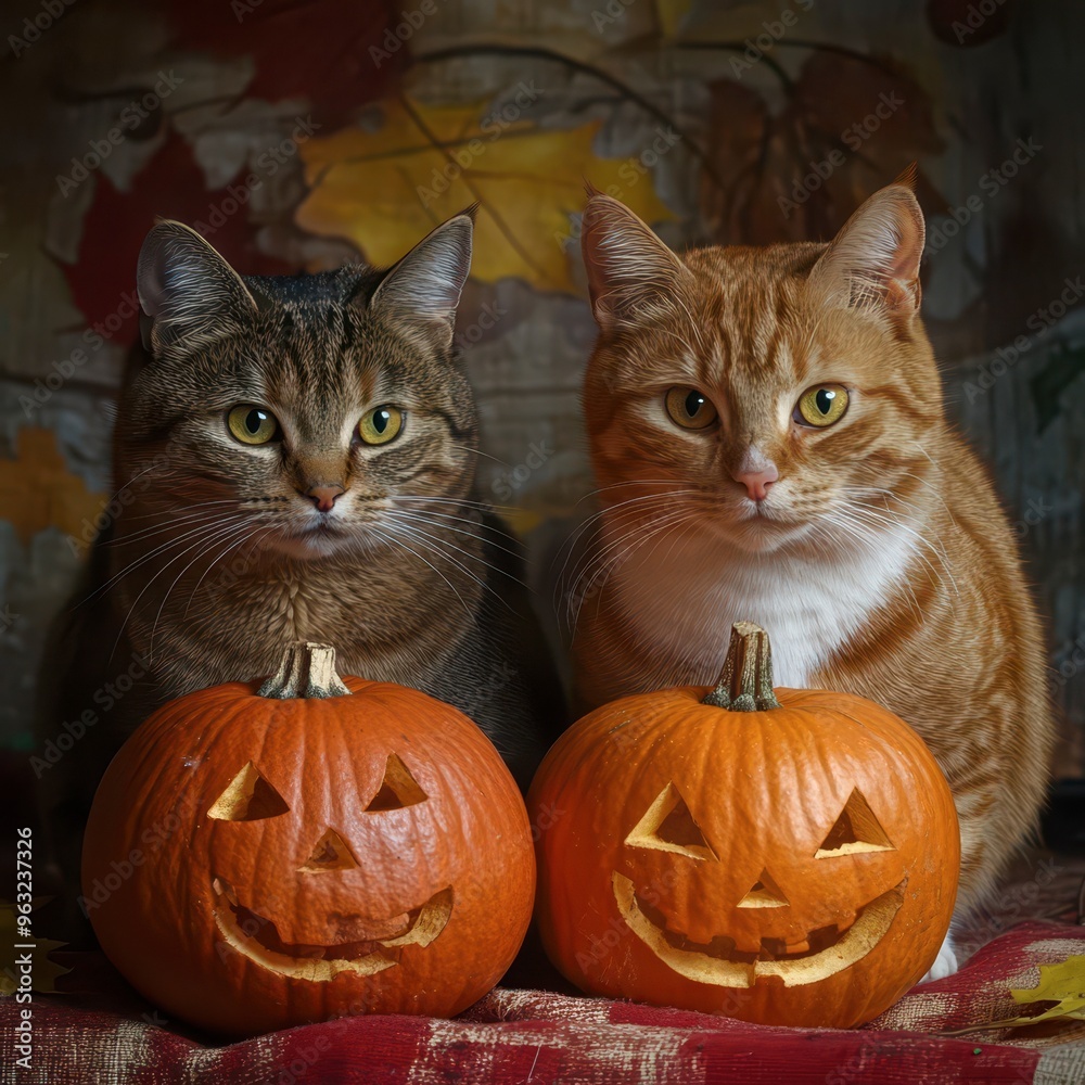 Two cats sit beside carved pumpkins in autumn decor during Halloween Two cats sit beside carved pumpkins in autumn decor during Halloween