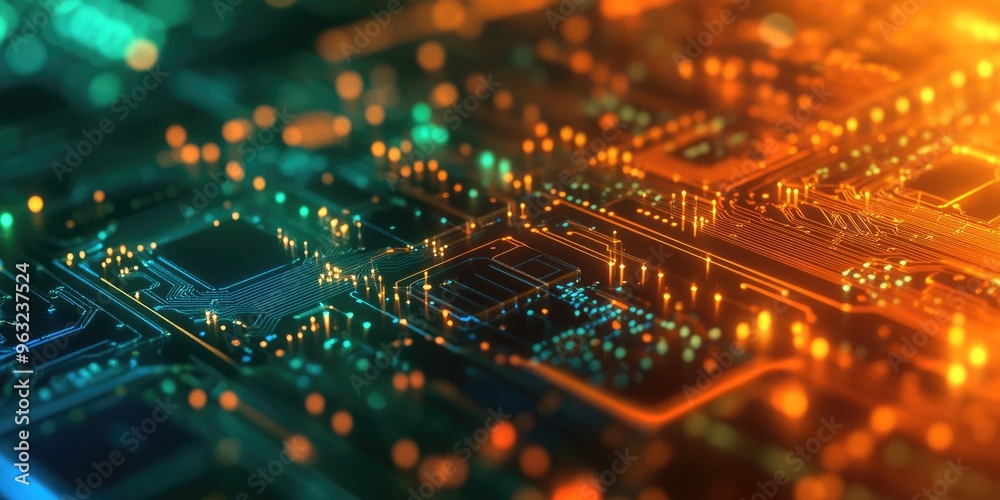 Circuit board background with futuristic server processing and bokeh effects in orange, green, and blue tones. Circuit board background with futuristic server processing and bokeh effects in orange, green, and blue tones.