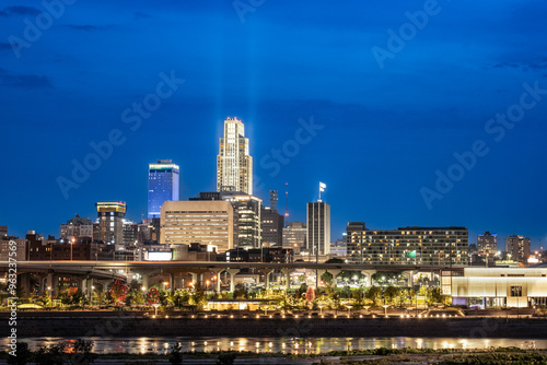 Night view of Omaha Nebraska skyline with illuminated buildings