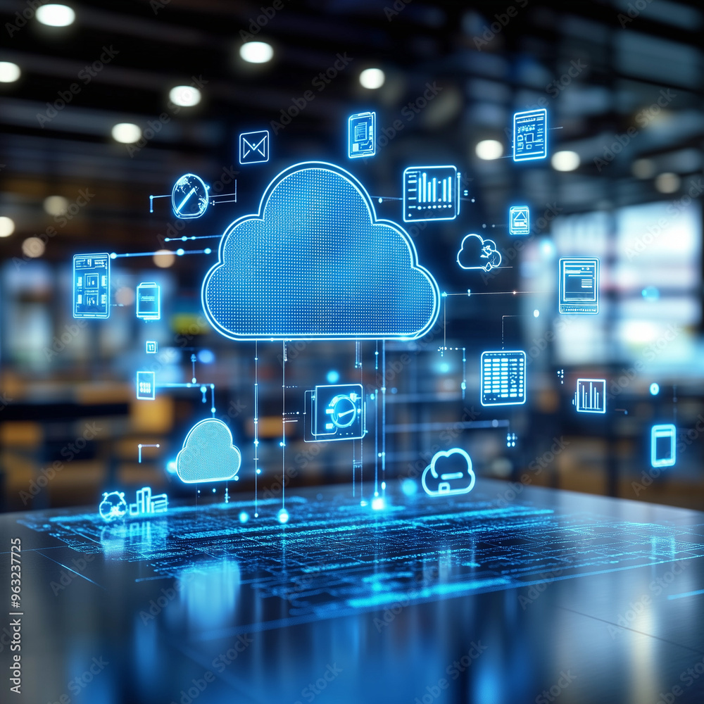 3D digital icons hovering over a surface, showcasing technological advancements like cloud computing, data analytics, and AI in a futuristic office. 3D digital icons hovering over a surface, showcasing technological advancements like cloud computing, data analytics, and AI in a futuristic office.
