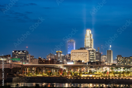 Night view of Omaha Nebraska skyline with illuminated buildings