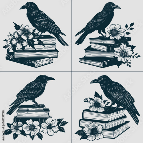 raven on books SVG, Raven With Book svg, Crow Svg, Gothic Svg, Wildlife, Halloween Svg, Gothic Crow SVG, black bird clip art, Crow Svg
