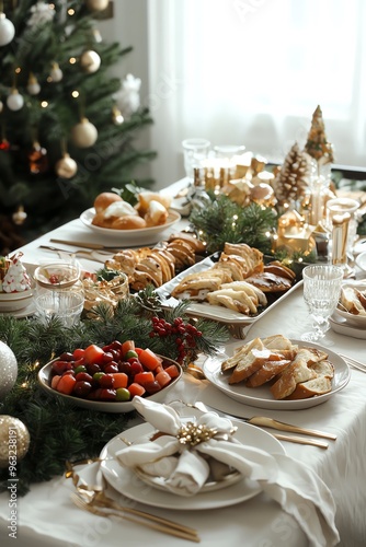 Festive Christmas brunch table setting with delicious food and elegant decorations.