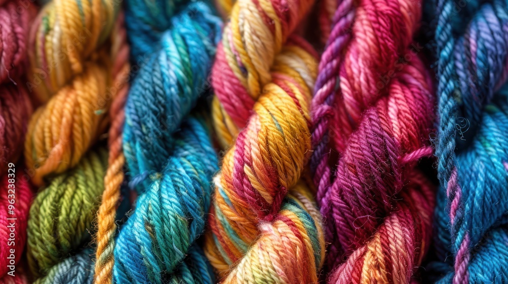 A close-up portrait of a Mexican rug yarn skein, revealing its intricate details and mesmerizing color variations. A close-up portrait of a Mexican rug yarn skein, revealing its intricate details and mesmerizing color variations.