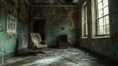 Desolate asylum room with broken furniture, haunting atmosphere, and a sense of deep despair in the abandoned space.