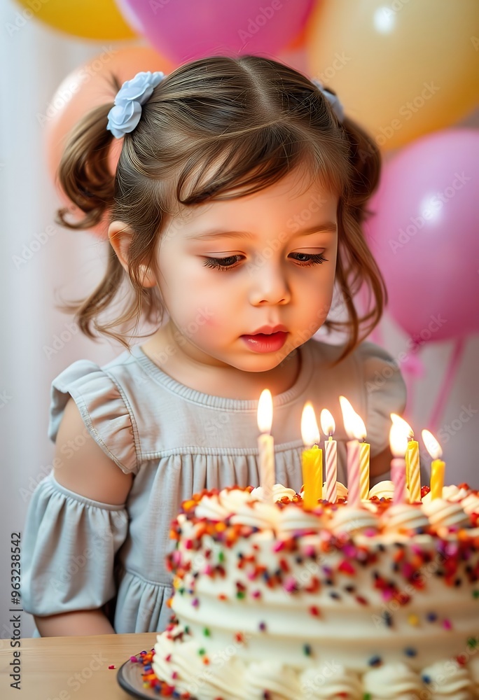 cute little girl blows out candles on a birthday cake at home against a backdrop of balloons. Child's birthday cute little girl blows out candles on a birthday cake at home against a backdrop of balloons. Child's birthday