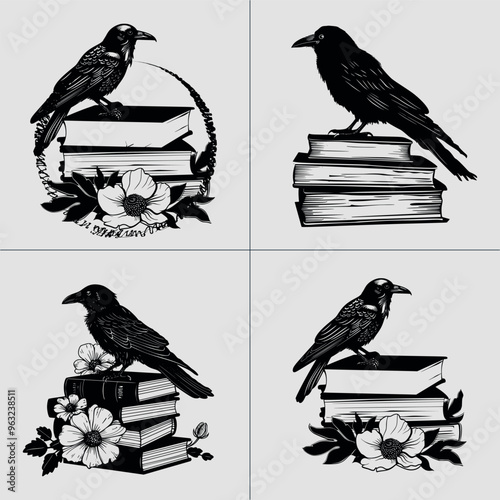 raven on books SVG, Raven With Book svg, Crow Svg, Gothic Svg, Wildlife, Halloween Svg, Gothic Crow SVG, black bird clip art, Crow Svg