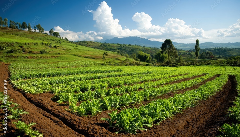 A lush green field with rows of crops, nestled in a valley with mountains in the distance. The sky is bright blue with fluffy clouds. A lush green field with rows of crops, nestled in a valley with mountains in the distance. The sky is bright blue with fluffy clouds.