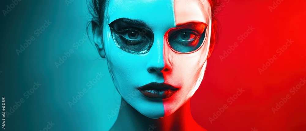 Striking Portrait of Woman with Half Blue and Half Red Face Paint in Dramatic Lighting Striking Portrait of Woman with Half Blue and Half Red Face Paint in Dramatic Lighting
