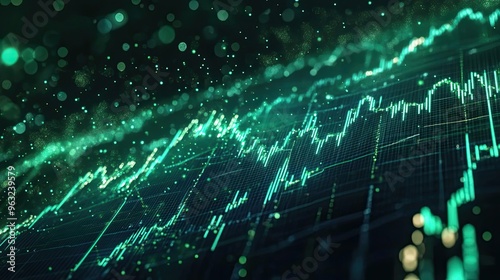 A dynamic financial graph showcasing data growth with vibrant green lines and glowing particles against a dark background.