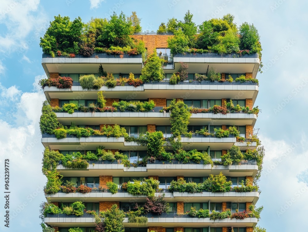 A modern apartment building with lush greenery and balconies, creating a vertical forest. A modern apartment building with lush greenery and balconies, creating a vertical forest.