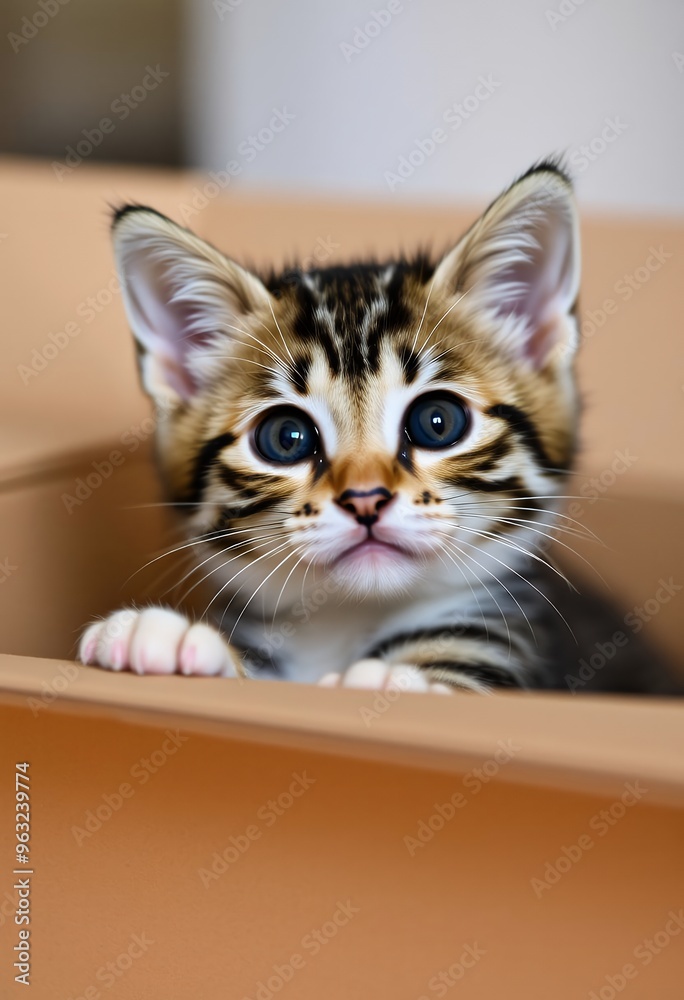 Cute Tabby Kitten Peeking from Cardboard Box - Perfect for Pet-Themed Designs and Home Decor Cute Tabby Kitten Peeking from Cardboard Box - Perfect for Pet-Themed Designs and Home Decor