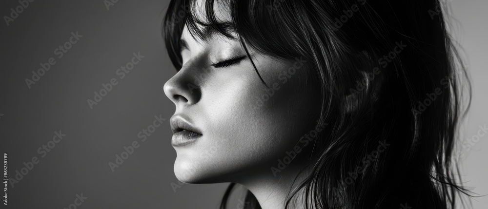 Black and White Portrait of a Young Woman with Closed Eyes and Serene Expression Black and White Portrait of a Young Woman with Closed Eyes and Serene Expression