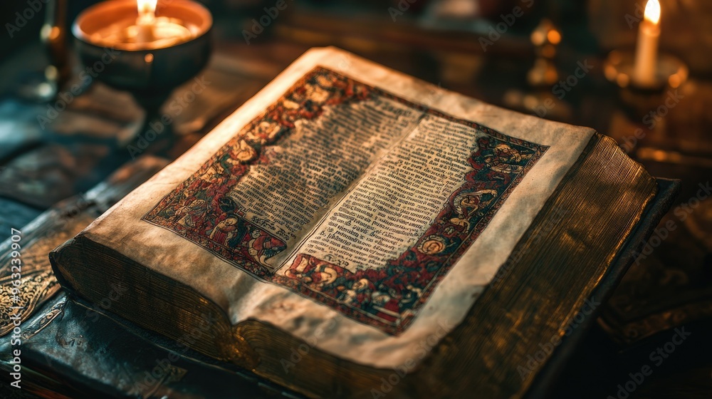 An old Bible page featuring an illuminated letter with Christian iconography, symbolizing ancient scripture. An old Bible page featuring an illuminated letter with Christian iconography, symbolizing ancient scripture.