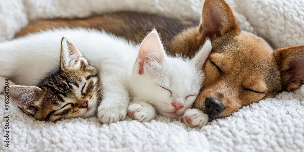 A puppy and kitten cuddled up and peacefully asleep. A puppy and kitten cuddled up and peacefully asleep.