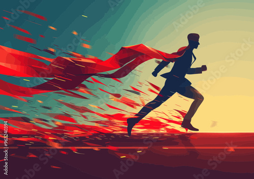 Businessman Winning Race at Finish Line, Dynamic Silhouette with Red Ribbon, Concept of Success, Achievement and Leadership, Minimalistic Vector Illustration, Inspirational Business Image