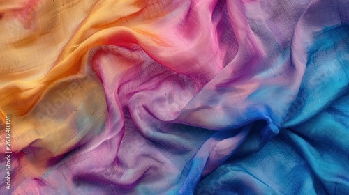 A close-up shot of handwoven silk fabric showcasing the delicate interplay of natural dye colors in a tie-dye design