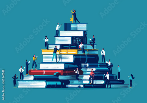 Business Team Working Together on Book Stack with Manager Holding Key to Solution, Conceptual Illustration Representing Teamwork, Knowledge, and Leadership in Business Strategy
