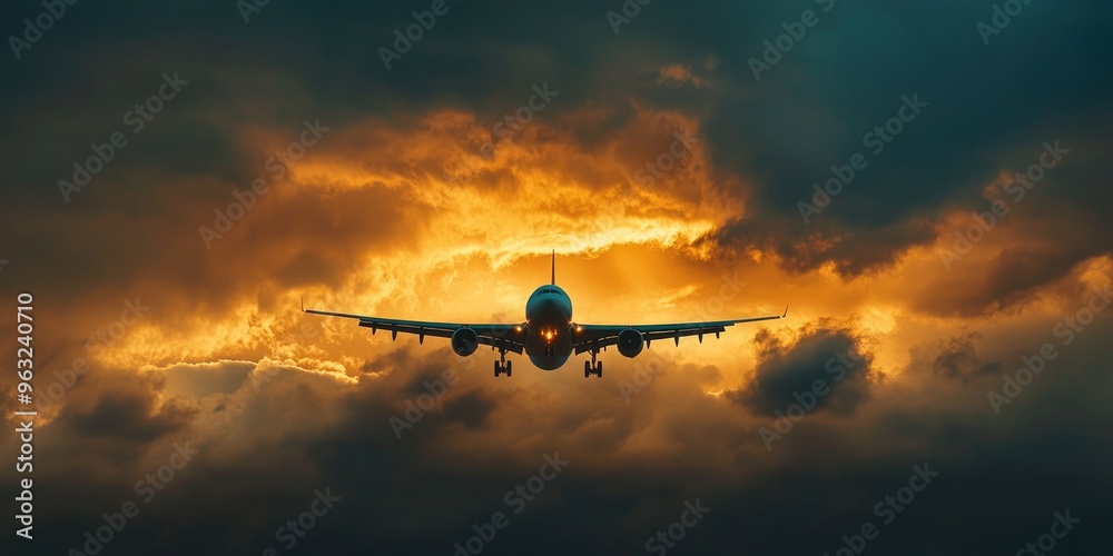 A jetliner flying through dramatic clouds at sunset. A jetliner flying through dramatic clouds at sunset.
