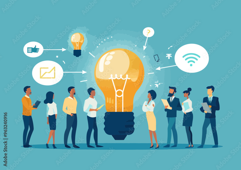 Diverse Team Brainstorming New Project Ideas with Light Bulb Symbol, Vector Illustration, Collaboration, Solving Problems, Business Discussion, Creative Meeting Concept Diverse Team Brainstorming New Project Ideas with Light Bulb Symbol, Vector Illustration, Collaboration, Solving Problems, Business Discussion, Creative Meeting Concept