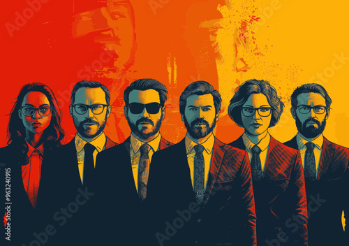 Diverse Business Team Leader and Colleagues in Formal Attire, Vector Illustration Showcasing Leadership and Teamwork in Professional Setting with Vibrant Colors