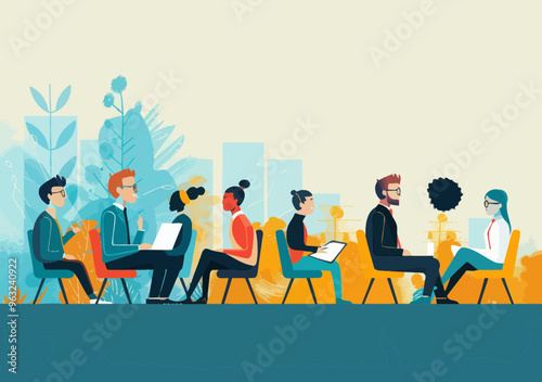 Business Team in School Setting Listening to Teacher, Learning and Education Concept, Minimalistic Vector Illustration for Professional Skill Development, Daytime Classroom
