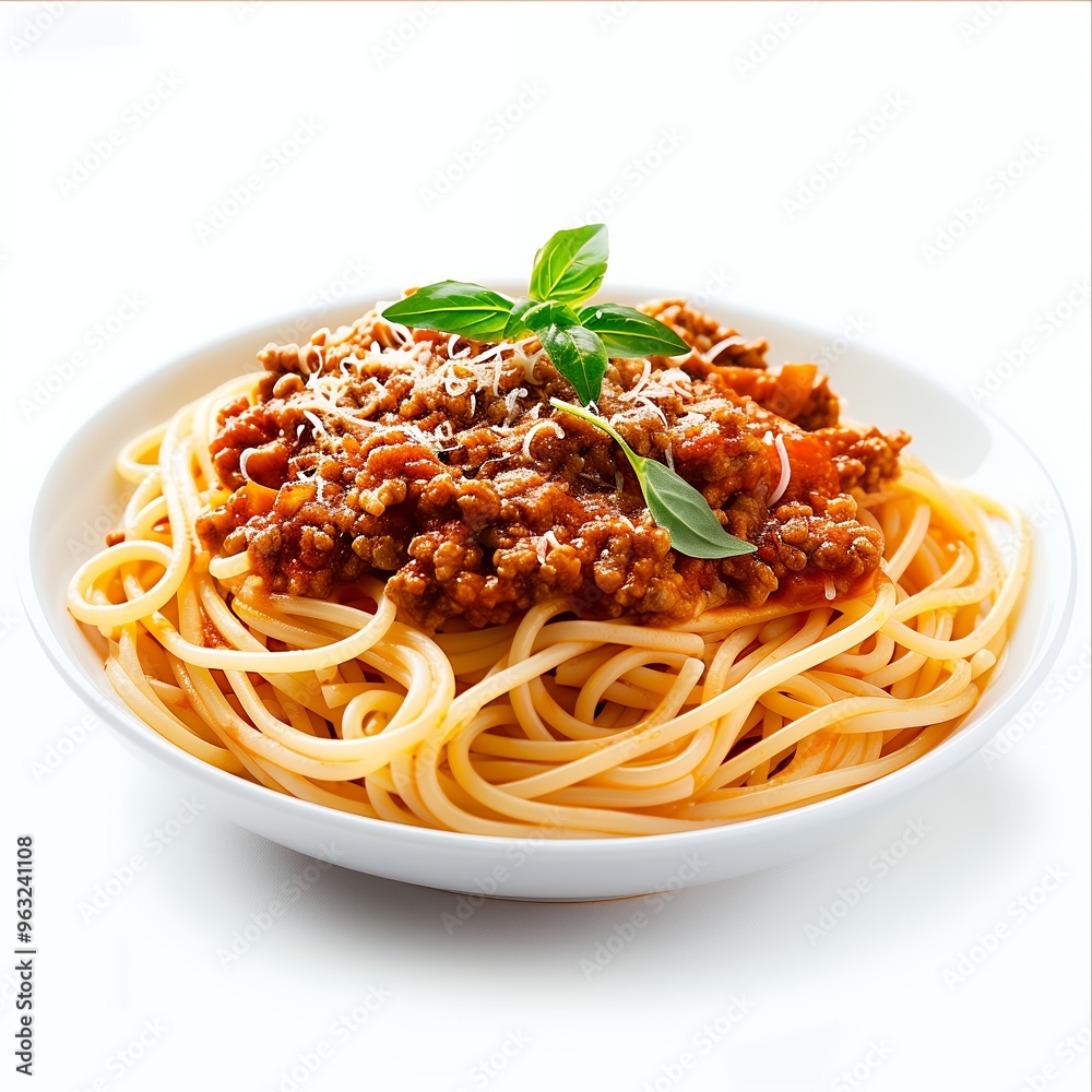 Close up of a bowl of spaghetti with bolognese sauce and basil leaves. Close up of a bowl of spaghetti with bolognese sauce and basil leaves.