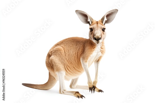 A charming kangaroo sitting gracefully, showcasing its unique features against a bright white background.