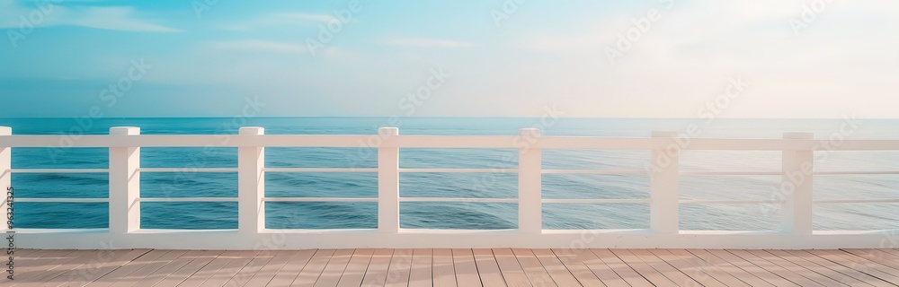 White wooden railing overlooking the ocean with blue sky and clouds in the background. Ideal for product placement or as a summer vacation backdrop. White wooden railing overlooking the ocean with blue sky and clouds in the background. Ideal for product placement or as a summer vacation backdrop.