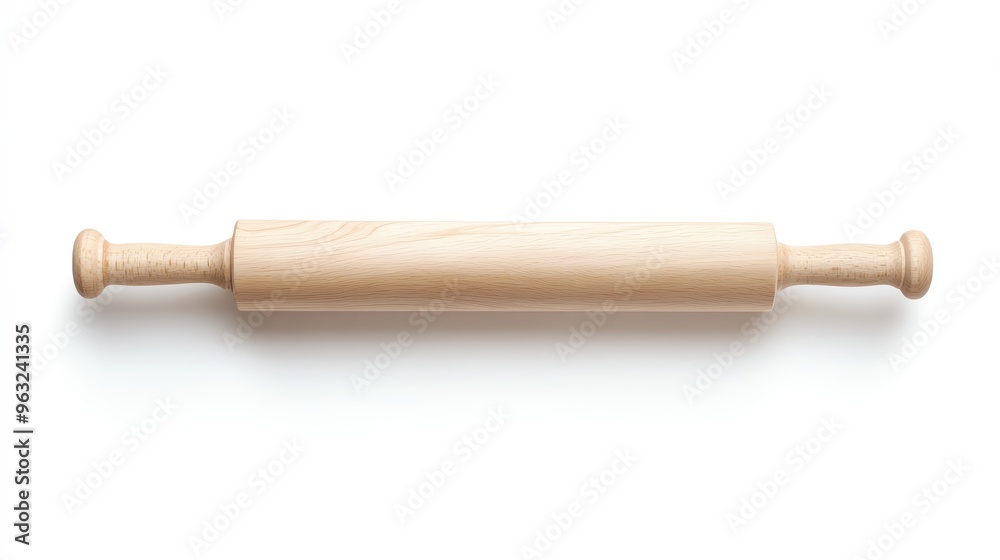 A classic wooden rolling pin displayed on a clean, white background, ideal for baking and culinary themes. A classic wooden rolling pin displayed on a clean, white background, ideal for baking and culinary themes.