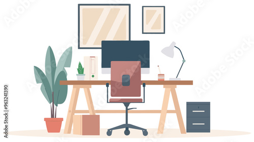 Empty home office with desk computer and decoration. Minimalist flat design illustration